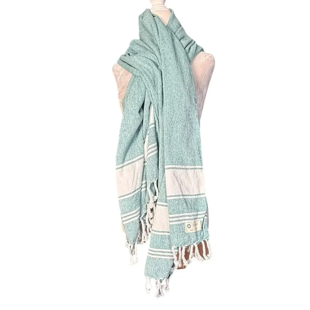 9 Threads‎ Turkish Cotton Beach Towel Aqua White Tassel Fringe Peshtemal Summer
